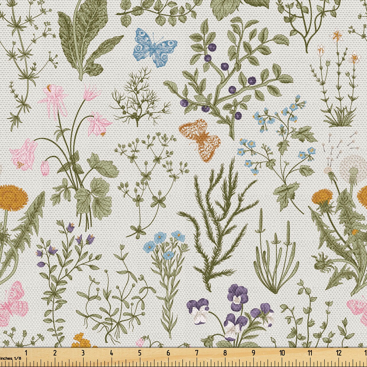 Ambesonne Floral Fabric by the Yard, Vintage Garden Plants Herbs Flowers Botanical Classic Design Art, Decorative Fabric for Upholstery and Home Accents, 10 Yards, Reseda Green Beige